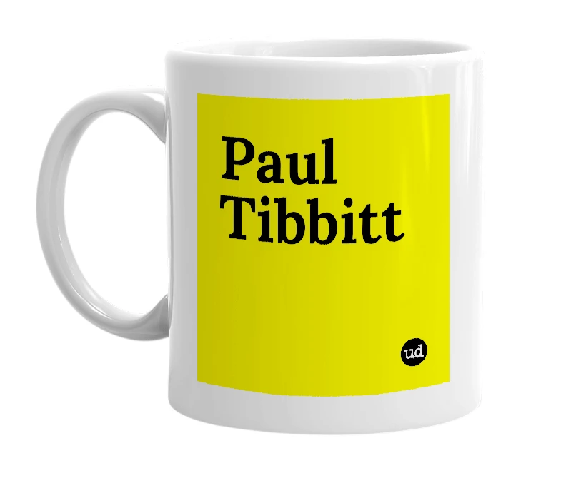 White mug with 'Paul Tibbitt' in bold black letters