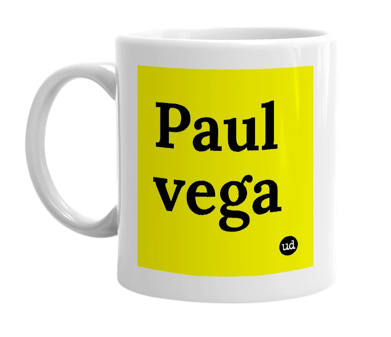 White mug with 'Paul vega' in bold black letters