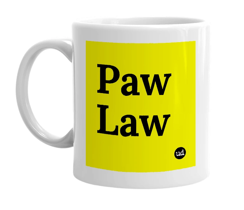 White mug with 'Paw Law' in bold black letters