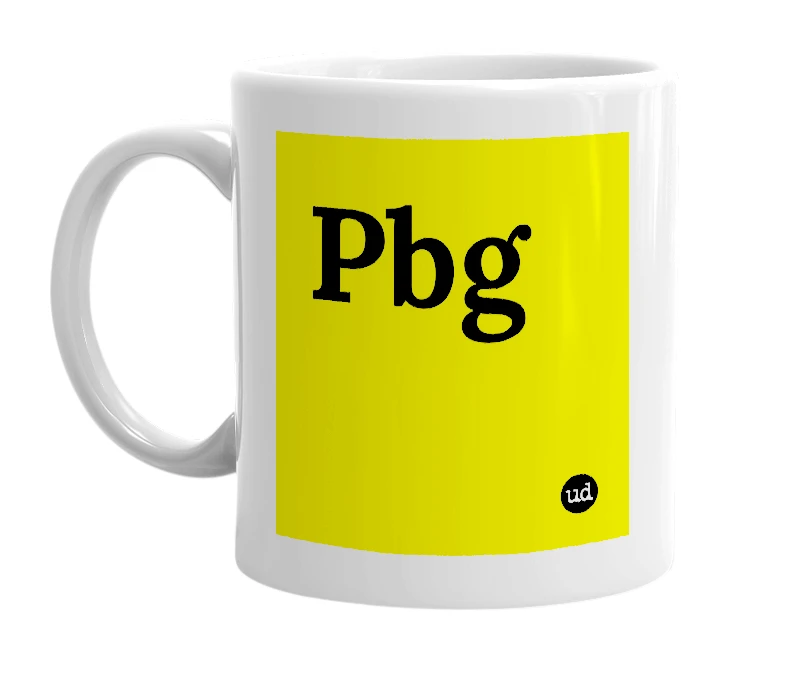 White mug with 'Pbg' in bold black letters