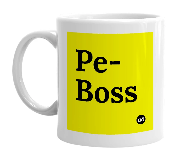 White mug with 'Pe-Boss' in bold black letters