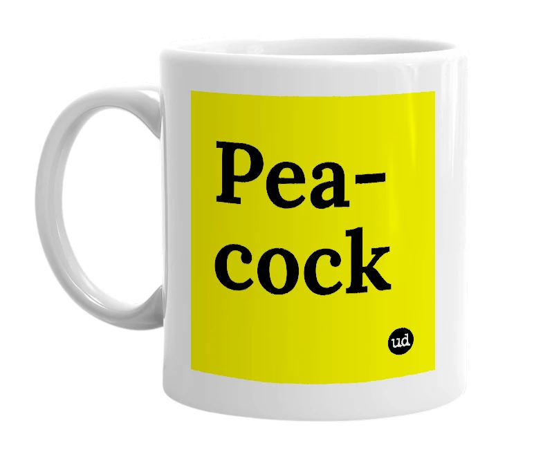 White mug with 'Pea-cock' in bold black letters