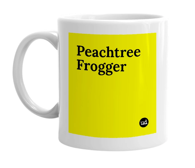 White mug with 'Peachtree Frogger' in bold black letters