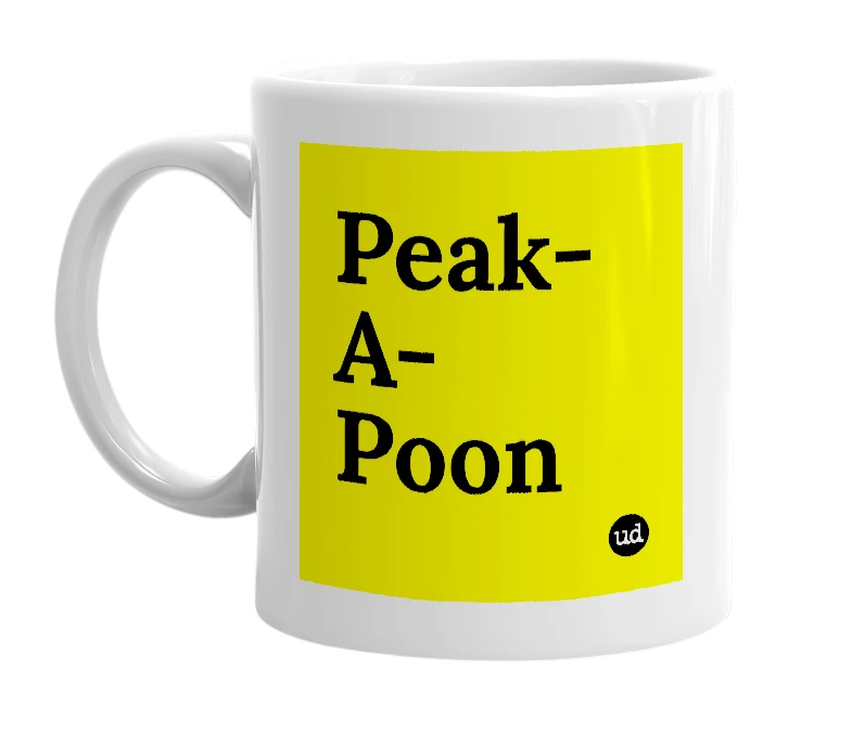 White mug with 'Peak-A-Poon' in bold black letters
