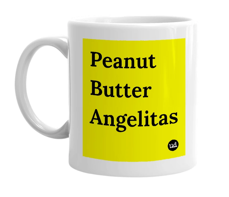 White mug with 'Peanut Butter Angelitas' in bold black letters