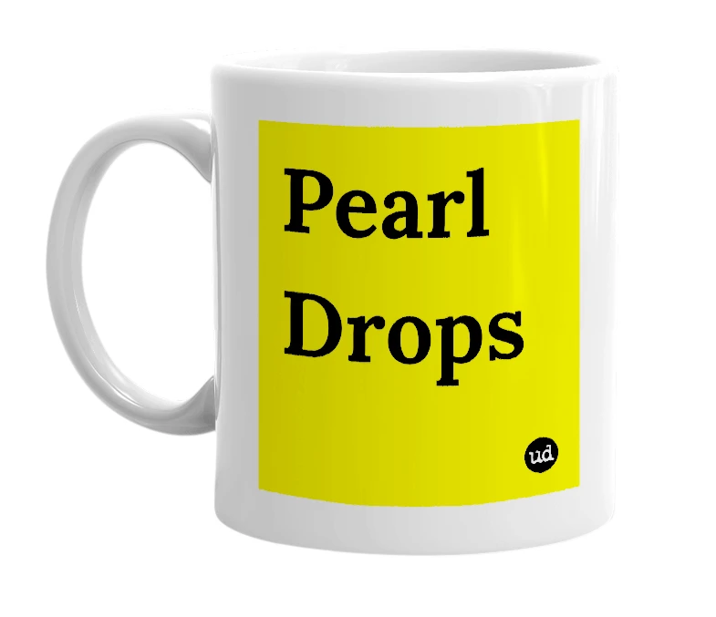 White mug with 'Pearl Drops' in bold black letters