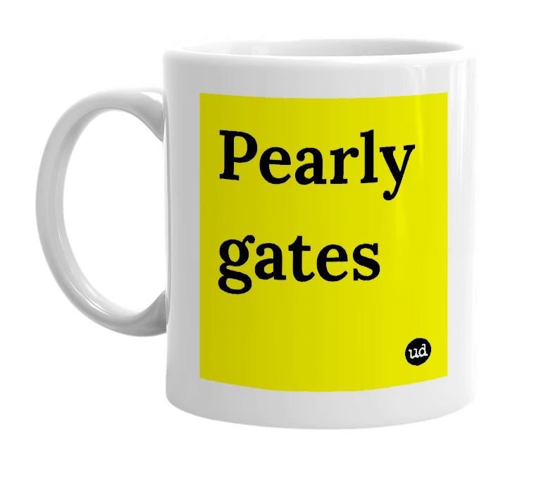White mug with 'Pearly gates' in bold black letters