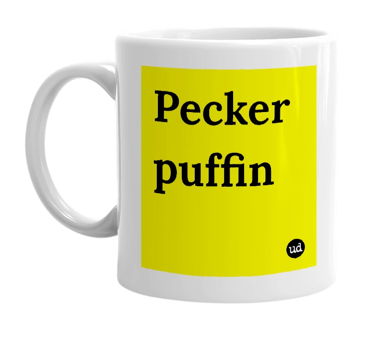 White mug with 'Pecker puffin' in bold black letters