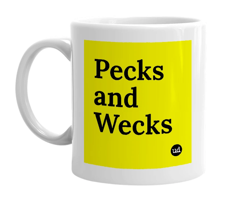 White mug with 'Pecks and Wecks' in bold black letters