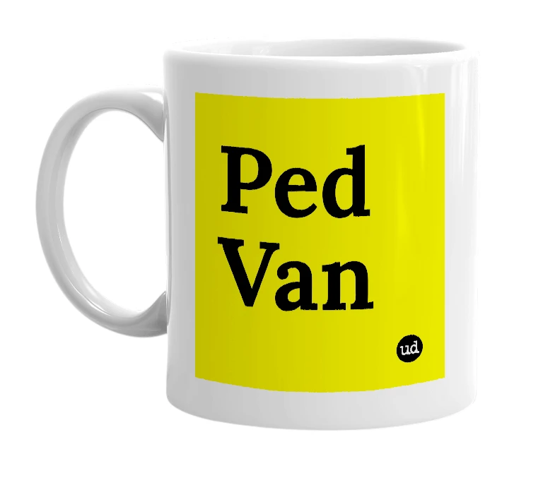 White mug with 'Ped Van' in bold black letters