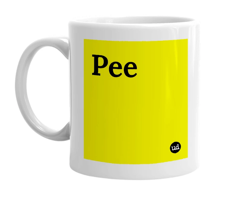White mug with 'Pee' in bold black letters