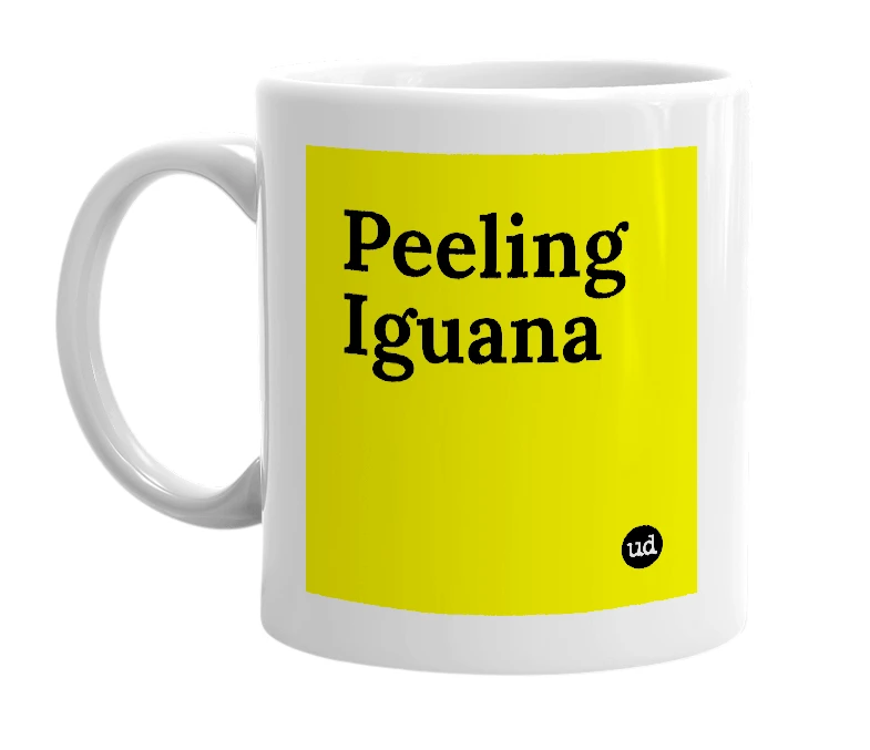White mug with 'Peeling Iguana' in bold black letters