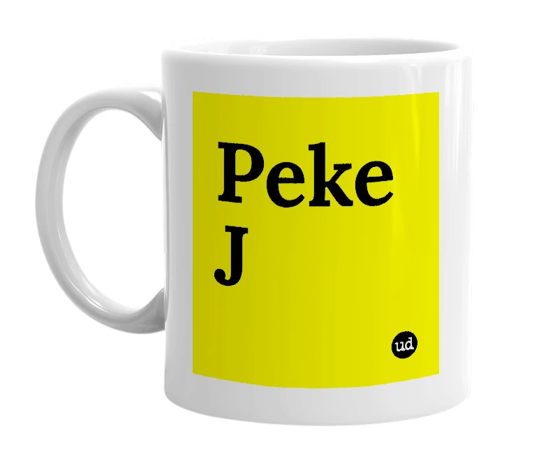 White mug with 'Peke J' in bold black letters