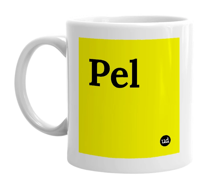 White mug with 'Pel' in bold black letters