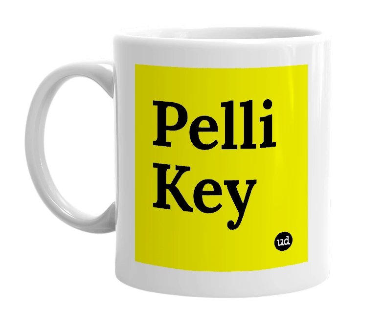White mug with 'Pelli Key' in bold black letters