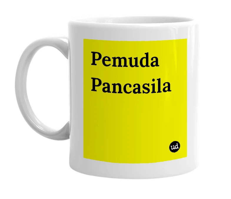 White mug with 'Pemuda Pancasila' in bold black letters