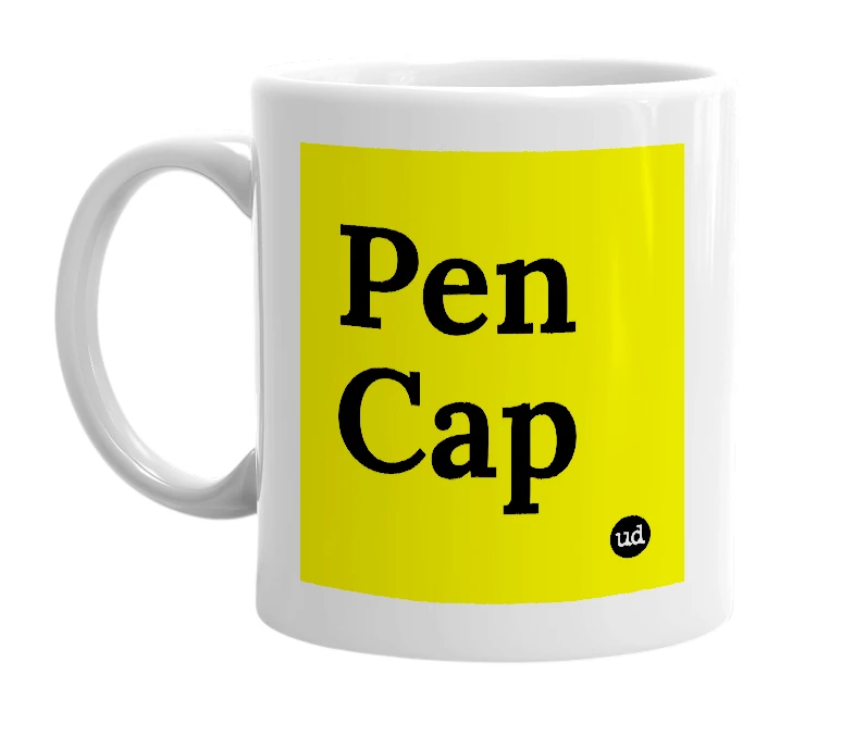 White mug with 'Pen Cap' in bold black letters
