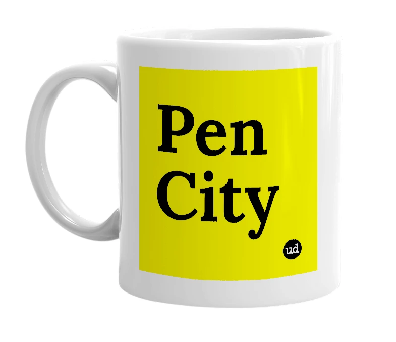 White mug with 'Pen City' in bold black letters