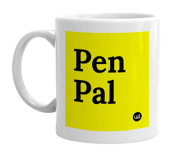 White mug with 'Pen Pal' in bold black letters