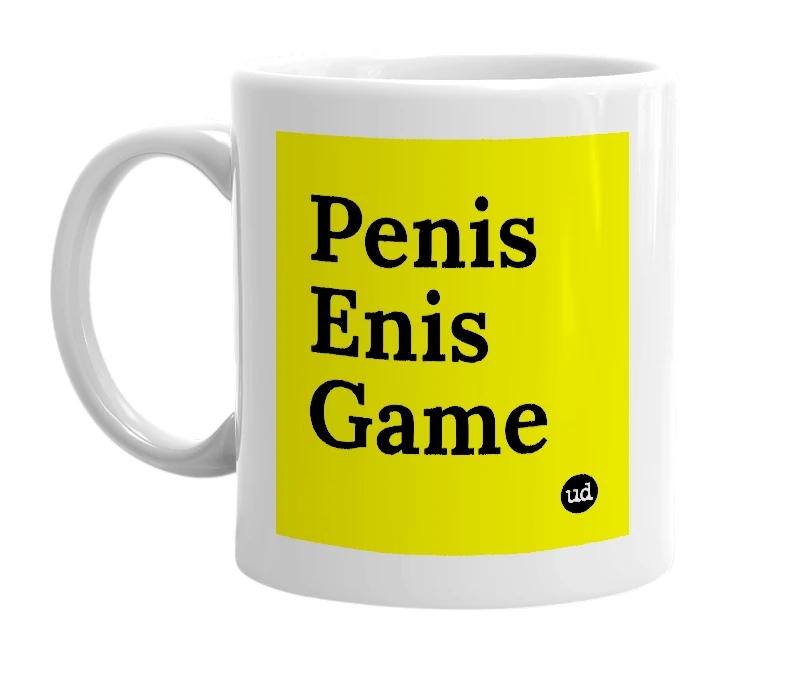 White mug with 'Penis Enis Game' in bold black letters