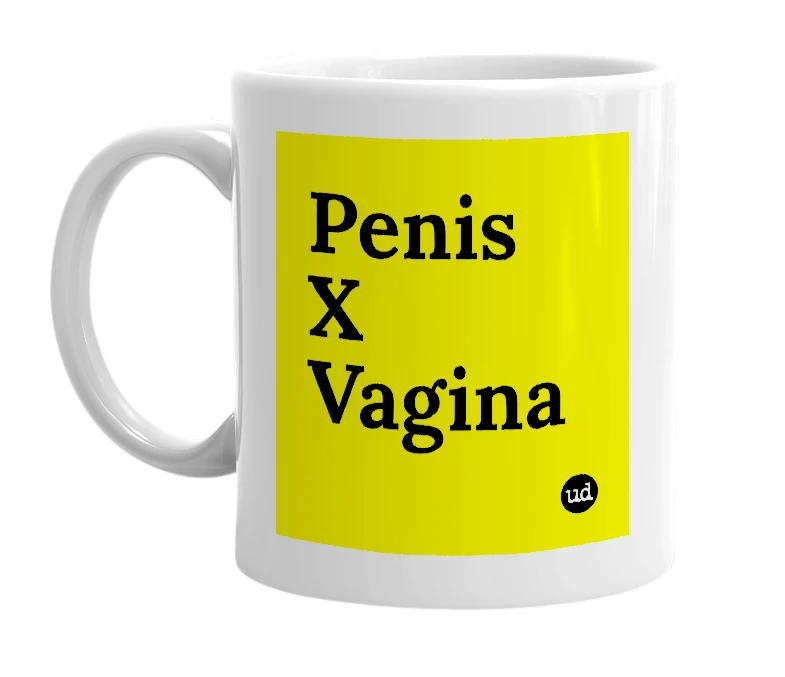 White mug with 'Penis X Vagina' in bold black letters