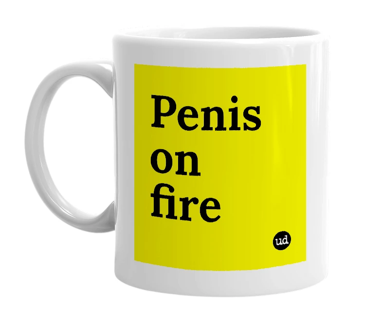 White mug with 'Penis on fire' in bold black letters