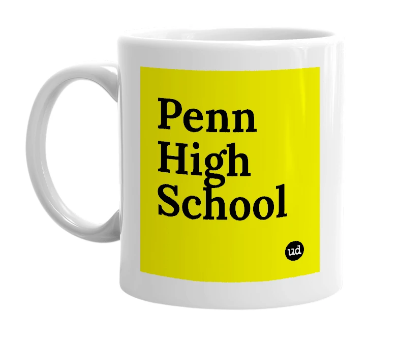 White mug with 'Penn High School' in bold black letters