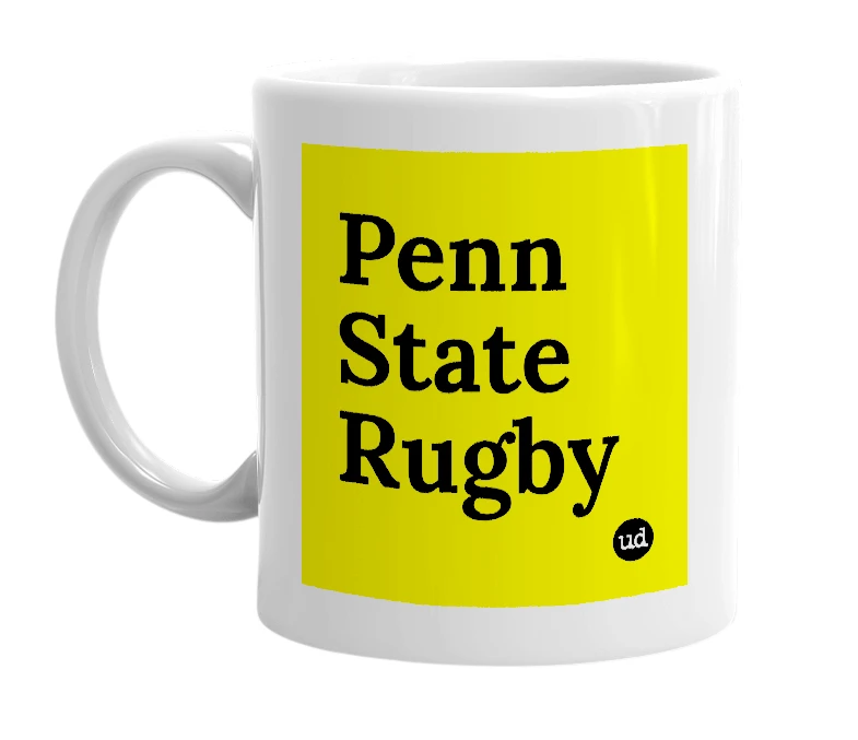 White mug with 'Penn State Rugby' in bold black letters