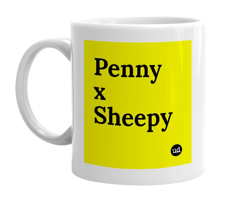 White mug with 'Penny x Sheepy' in bold black letters