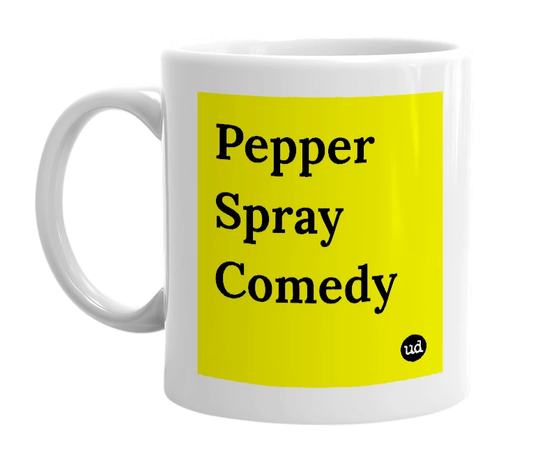 White mug with 'Pepper Spray Comedy' in bold black letters