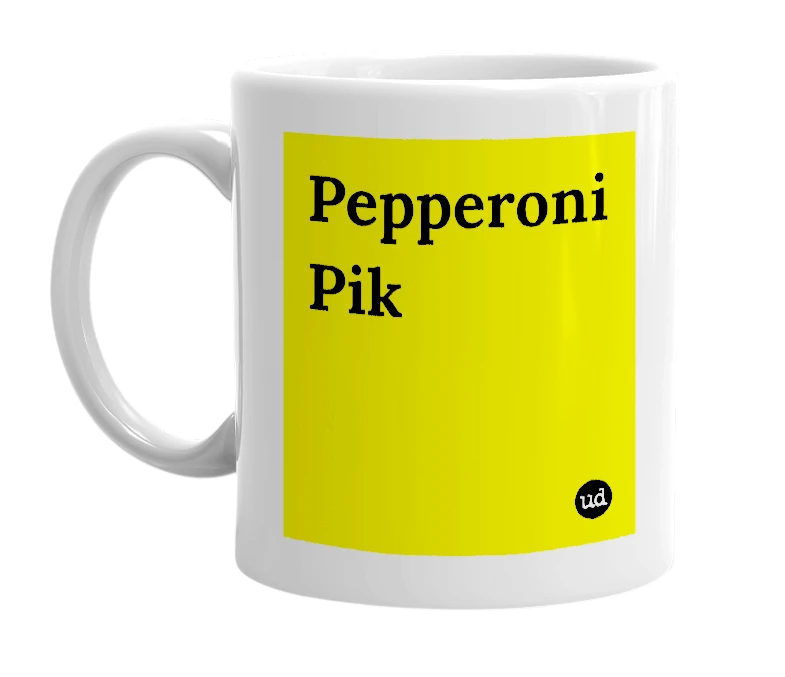 White mug with 'Pepperoni Pik' in bold black letters