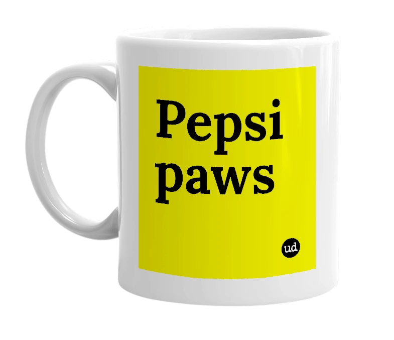 White mug with 'Pepsi paws' in bold black letters