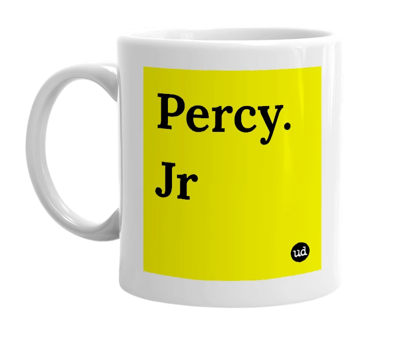 White mug with 'Percy. Jr' in bold black letters
