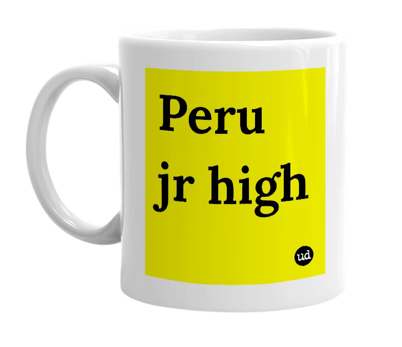 White mug with 'Peru jr high' in bold black letters