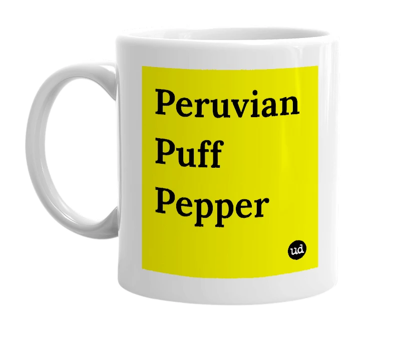 White mug with 'Peruvian Puff Pepper' in bold black letters