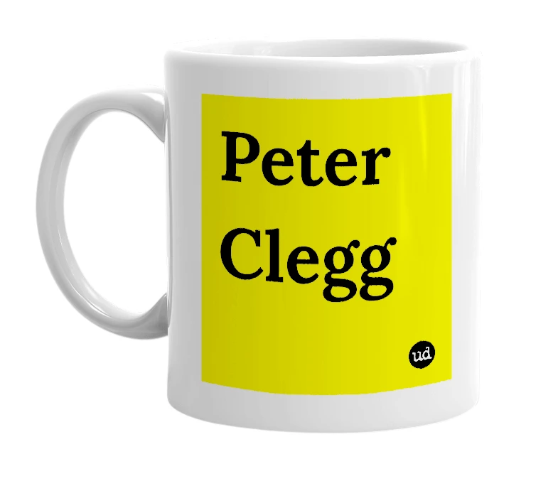 White mug with 'Peter Clegg' in bold black letters