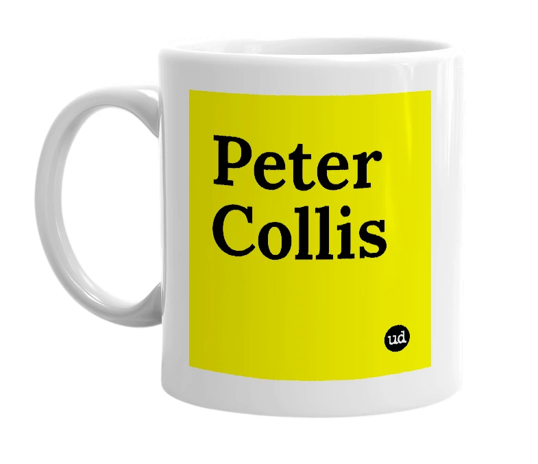 White mug with 'Peter Collis' in bold black letters