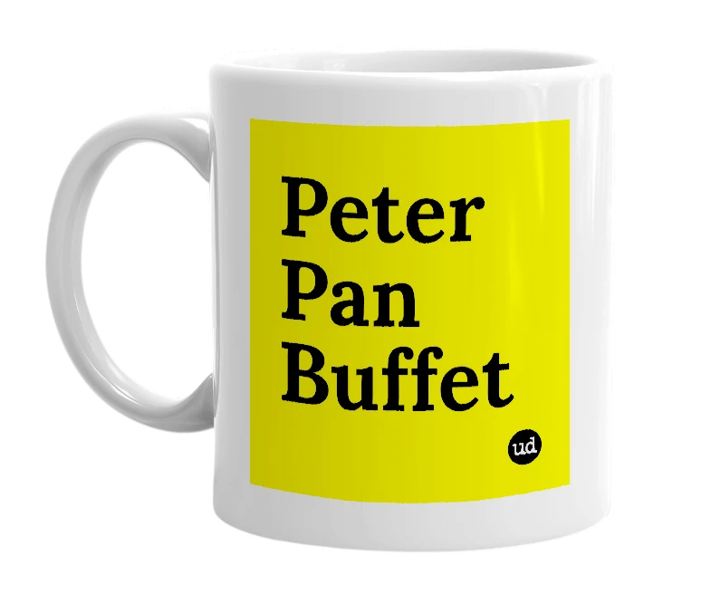 White mug with 'Peter Pan Buffet' in bold black letters