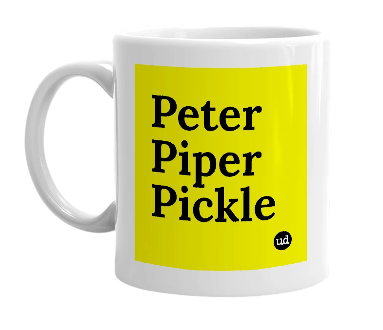White mug with 'Peter Piper Pickle' in bold black letters