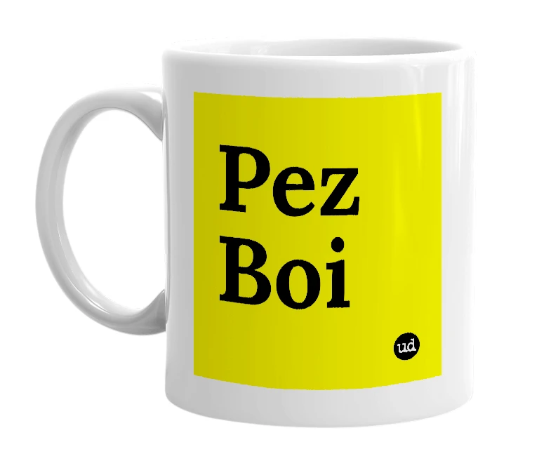 White mug with 'Pez Boi' in bold black letters