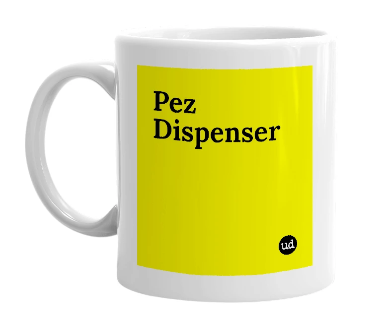 White mug with 'Pez Dispenser' in bold black letters