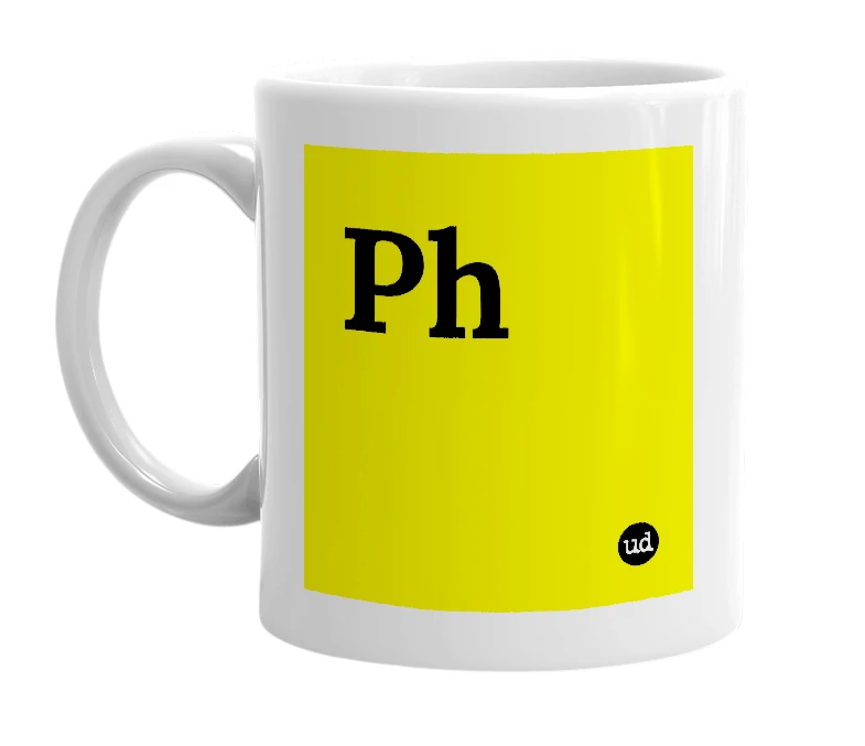 White mug with 'Ph' in bold black letters