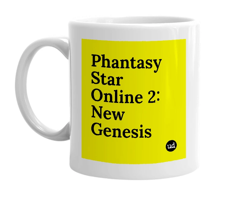 White mug with 'Phantasy Star Online 2: New Genesis' in bold black letters