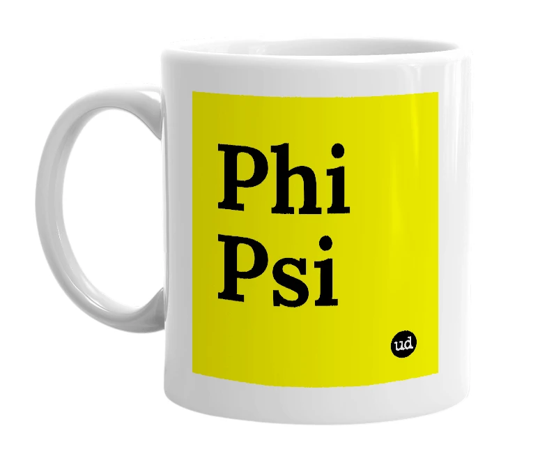 White mug with 'Phi Psi' in bold black letters