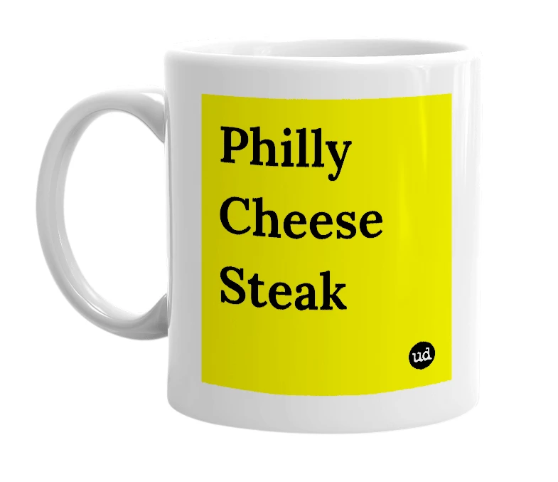 White mug with 'Philly Cheese Steak' in bold black letters