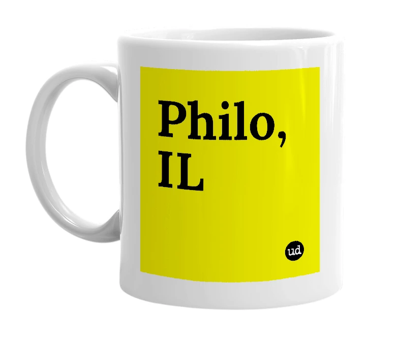 White mug with 'Philo, IL' in bold black letters