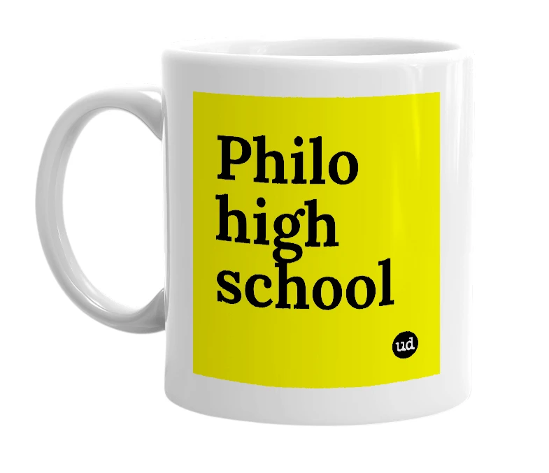 White mug with 'Philo high school' in bold black letters