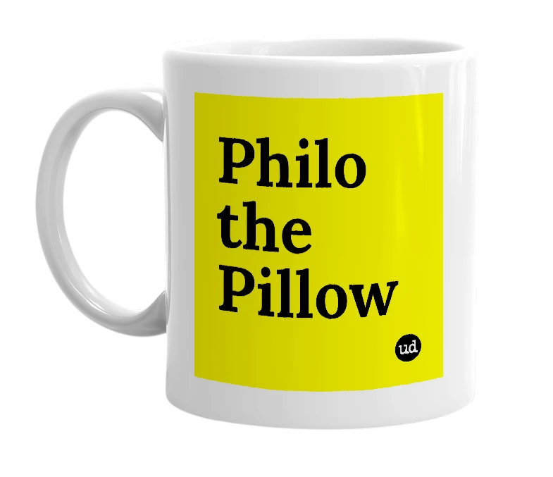 White mug with 'Philo the Pillow' in bold black letters