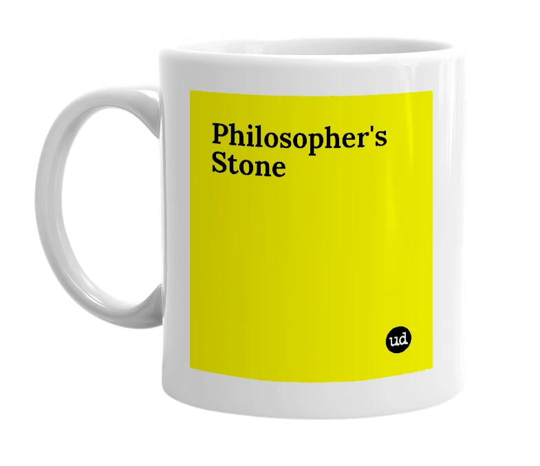 White mug with 'Philosopher's Stone' in bold black letters