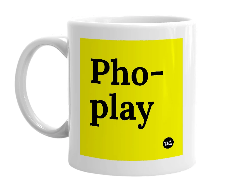White mug with 'Pho-play' in bold black letters